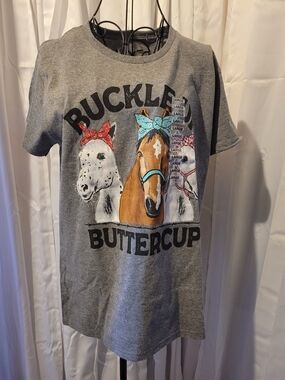 Gildan Gray 'Buckleup Buttercup' Graphic Tee with Colorful Horse Print